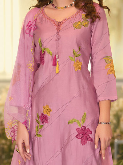 Dhiyona IE Floral Embroidered Tie-Up Neck Kurta With Trousers & Dupatta