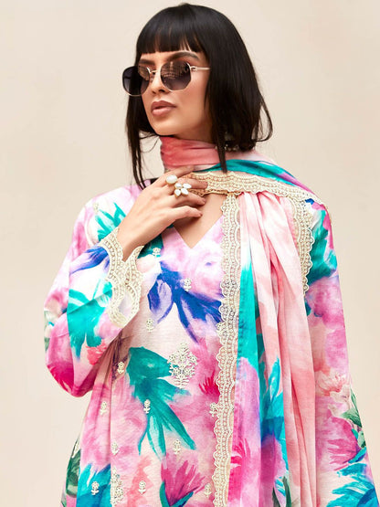 Indyancart IE Women Floral Embroidered Regular Thread Work Kurta with Trousers & With Dupatta