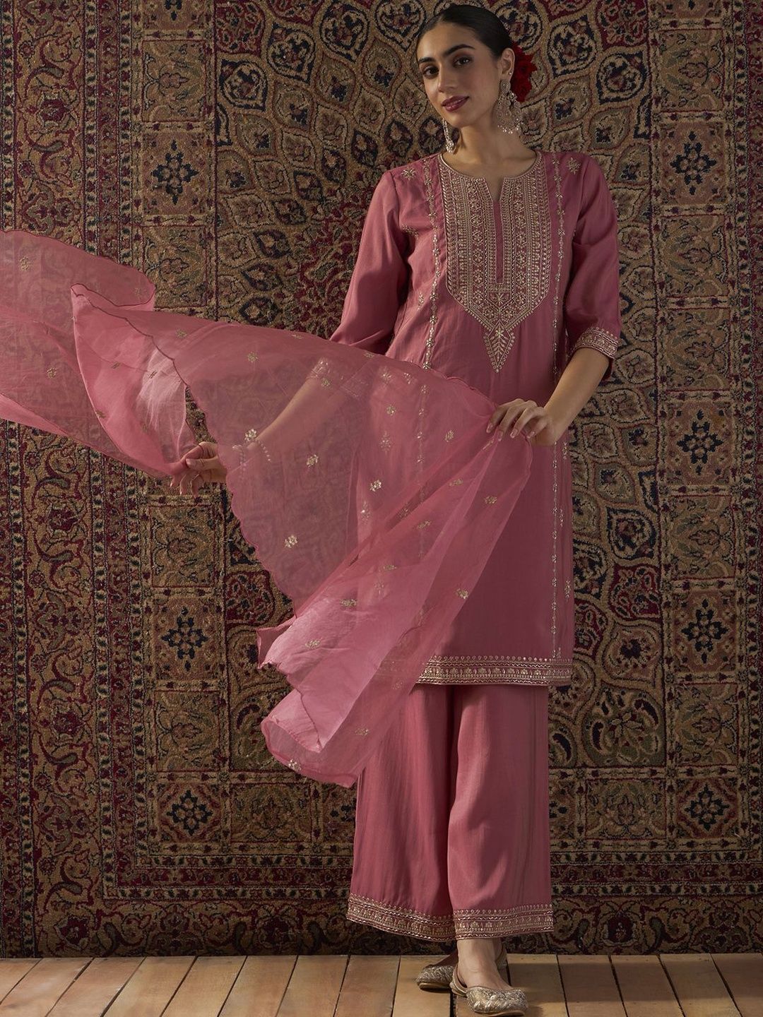 Indyancart IE Ethnic Motifs Embroidered Notch Neck Zari Kurta With Palazzos & Dupatta