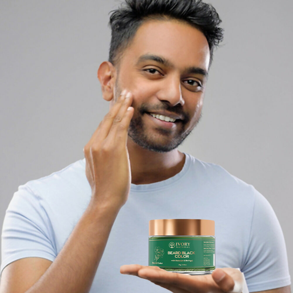 Ivory Natural beard color powder in black, organic plant-based formula, natural ivory color, for instant beard coloring.