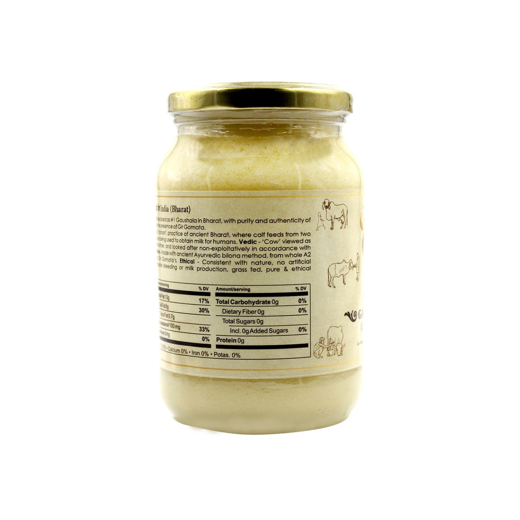 Creamy Gir Ahinsak Gau Ghee (A2) from Gir Gauveda, traditional Bilona cow ghee made from pure desi breed Gir Gaumata.