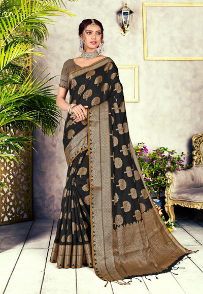 Indyancart GR Women's GJ Black Diamond Ebony Black Zari Woven Design Cotton Blend Saree