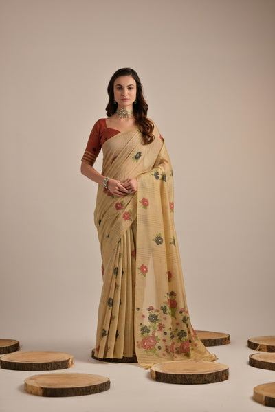 Indyancart GR Women's Arisaa Beige Muga Cotton Saree