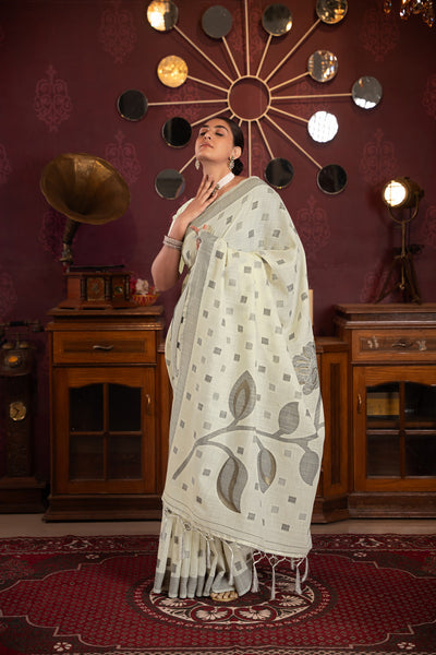 Indyancart GR Women's Maitri White Linen Woven Saree