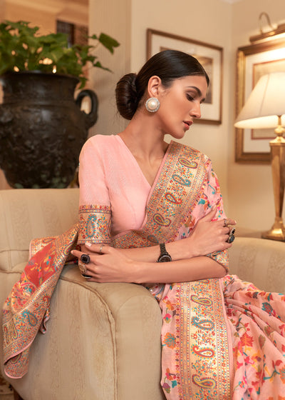 Indyancart GR Women's Kalista Peachy Pink Woven Jamewar Kashmiri Banarasi Saree
