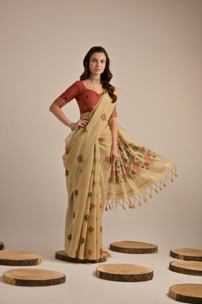 Indyancart GR Women's Arisaa Beige Muga Cotton Saree