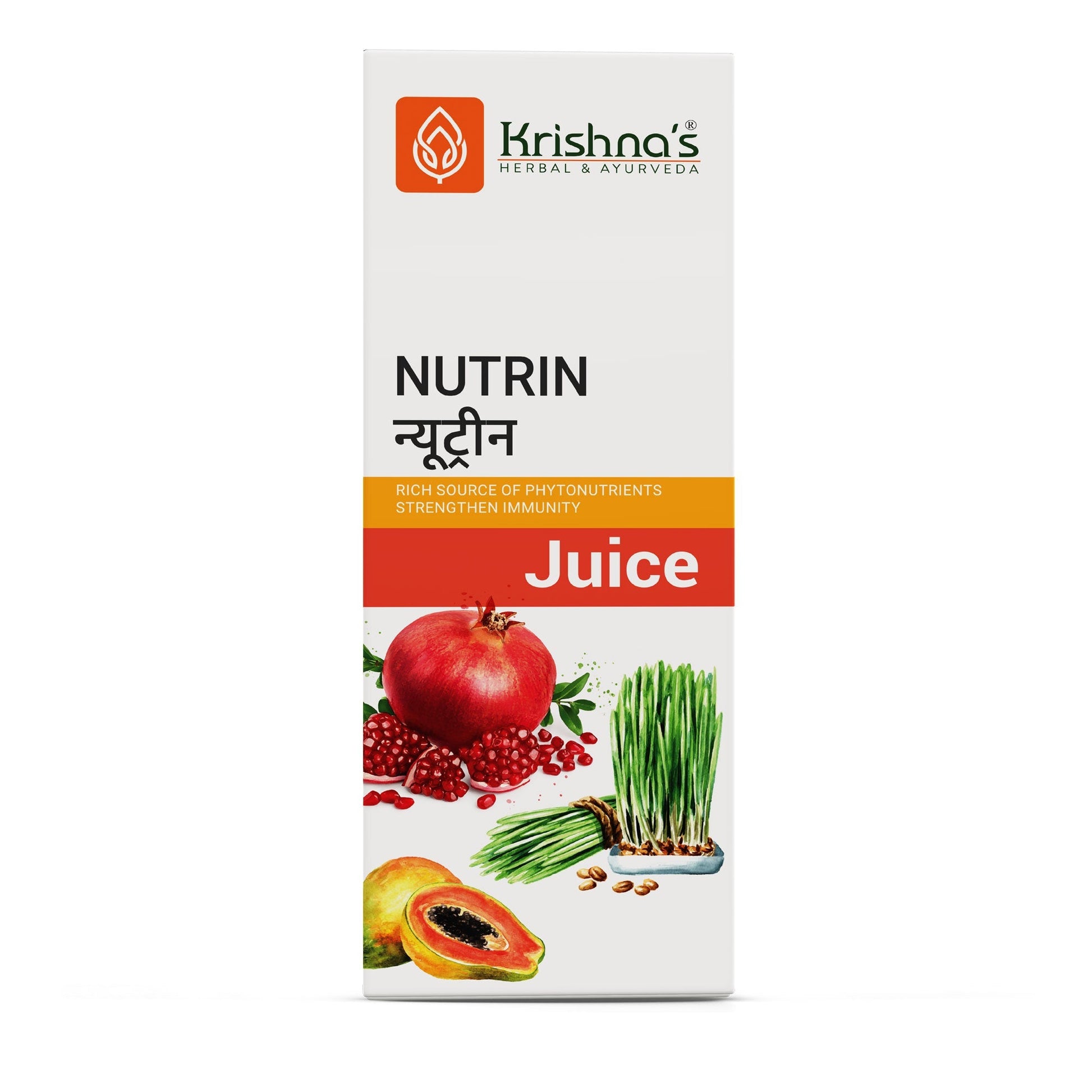 Two bottles of Krishna's Herbal & Ayurveda Nutrin Juice, Ayurvedic drinks with herbal ingredients, displayed on a wooden surface.
