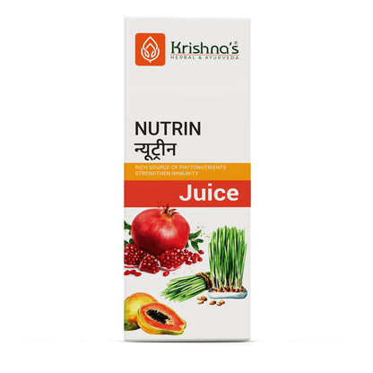 Two bottles of Krishna's Herbal & Ayurveda Nutrin Juice, Ayurvedic drinks with herbal ingredients, displayed on a wooden surface.