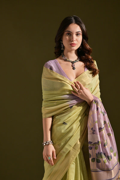 Indyancart GR Women's Siara Green Muga Cotton Saree