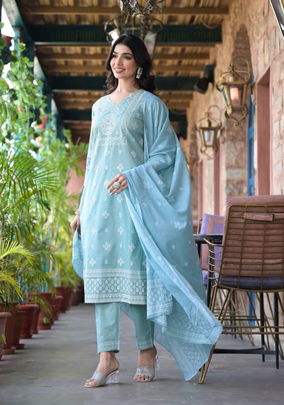 Indyancart VR Women's Sea Green Rubber Printed, Mirror Embellished Straight Kurta Paired With Bottom And Dupatta