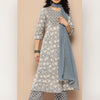 Dhiyona VR Women's Grey Floral Printed Anarkali Kurta Paired With Printed Bottom And Solid Chiffon Dupatta