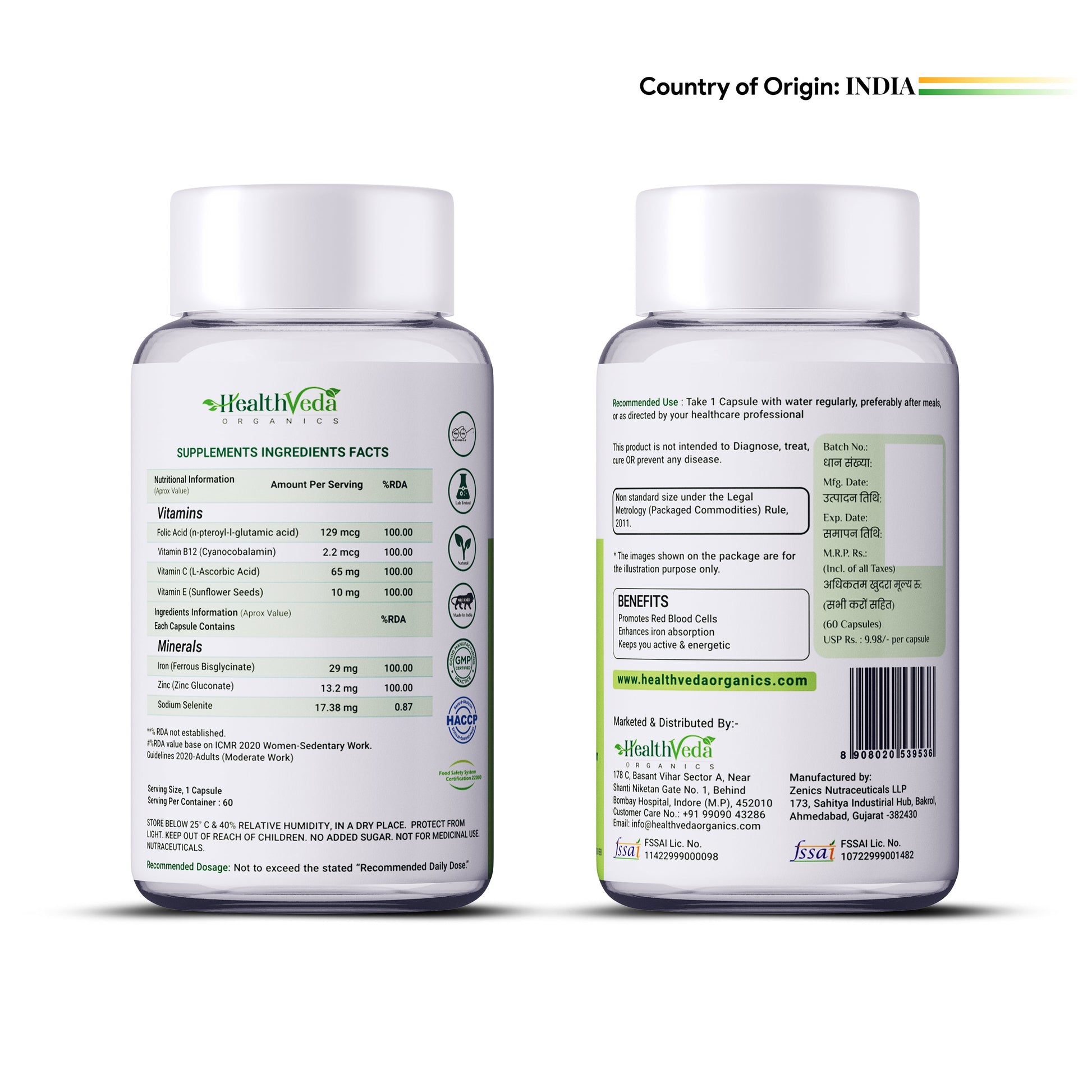 Health Veda Organics Iron + Folic Acid Capsules - Indyancart