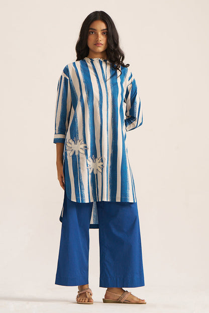 Women's Blue and Cream Stripe Print Co-ord Set