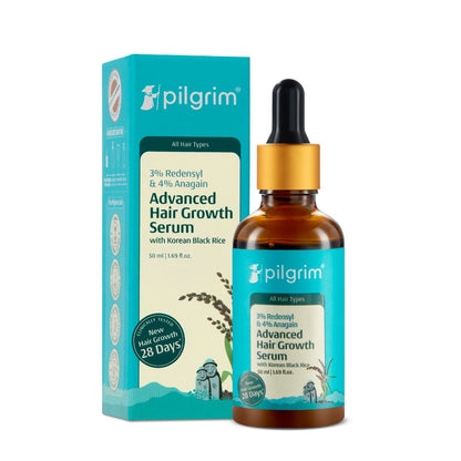 Pilgrim hair growth serum with 3% Redensyl, 4% Anagain, and Korean black rice in a 50ml bottle, designed to boost hair growth.