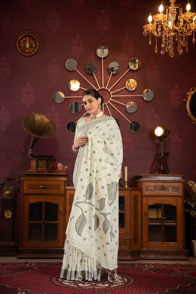 Indyancart GR Women's Maitri White Linen Woven Saree