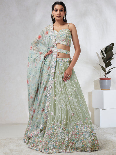 Women Lime green Chiffon Sequins and thread embroidery  Lehenga choli & Dupatta