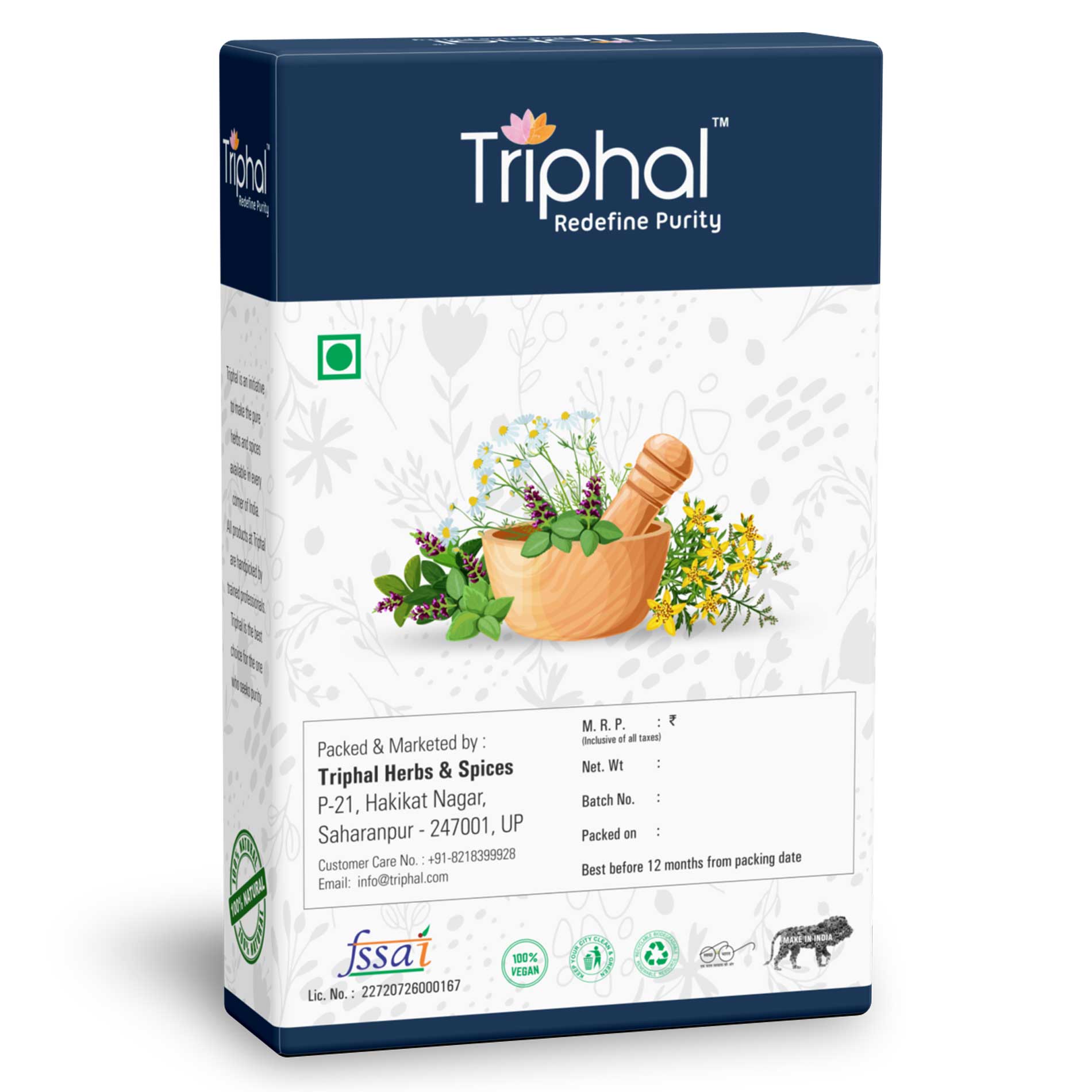 Triphal Triphal Black Himej Choti Harad Powder in a small container, Ayurvedic herbal powder for traditional health remedies.