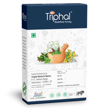 Triphal Triphal Black Himej Choti Harad Powder in a small container, Ayurvedic herbal powder for traditional health remedies.