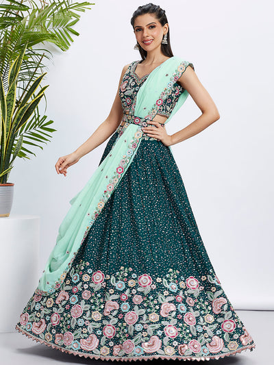 Women Green Pure Chiffon Sequins and thread embroidery  Lehenga choli & Dupatta