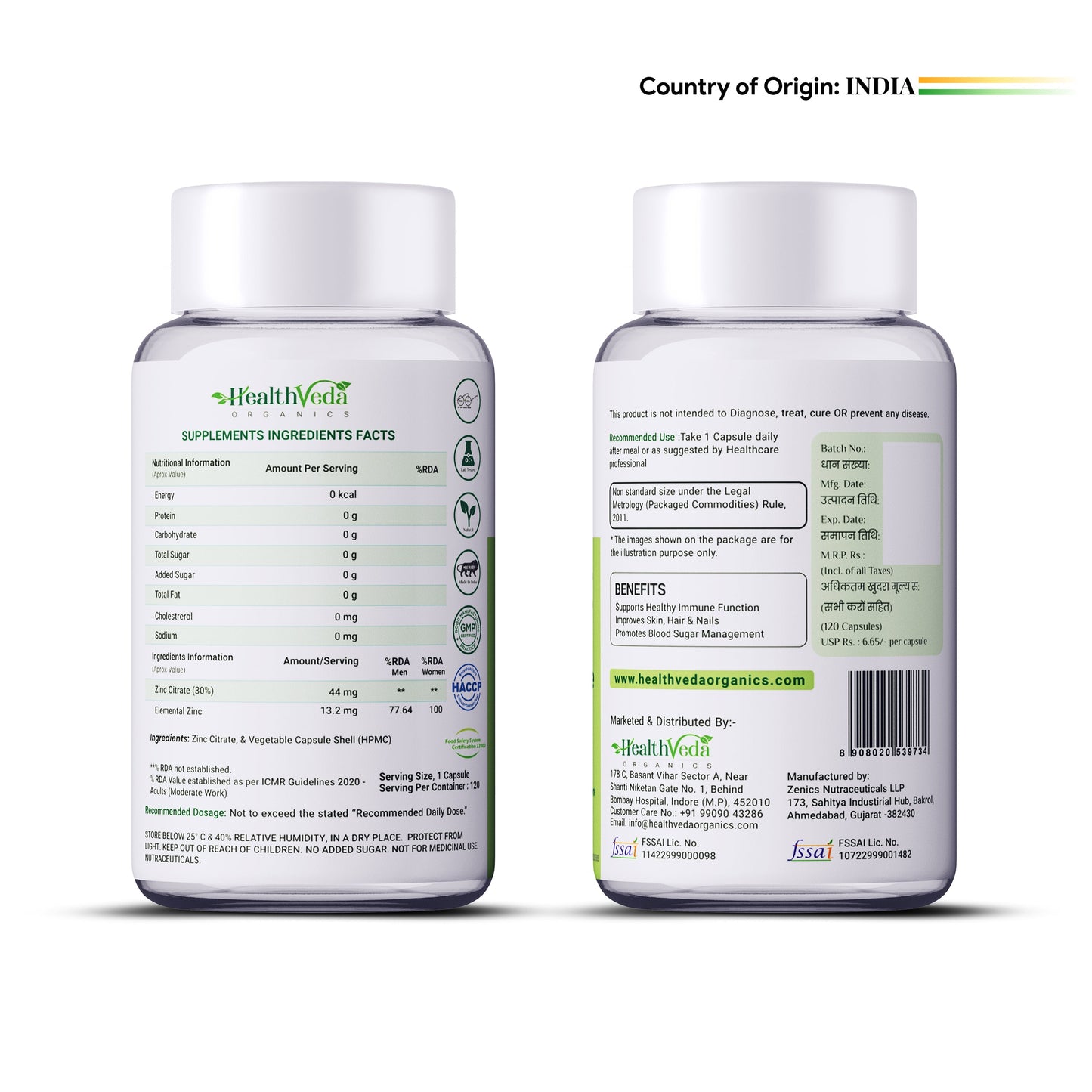 Health Veda Organics Zinc Citrate Veg Capsules