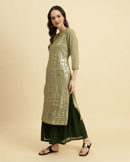Indyancart VR Women's Green Sequened Kurta With Sharara And Sequened Ombre Dupatta