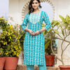 Dhiyona VR Women's Blue Printed Round Neck Yoke Embroidered Kurta Paired With Bottom And Dupatta