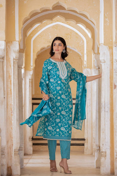 Indyancart VR Women's Blue Printed Round Neck Straight Kurta With Bottom And Dupatta
