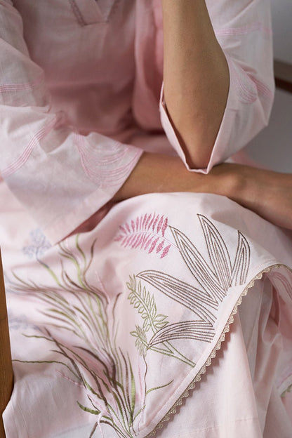 Women's Pink Embroidered Cotton Kurta With Viscose Chanderi Embroidered Dupatta