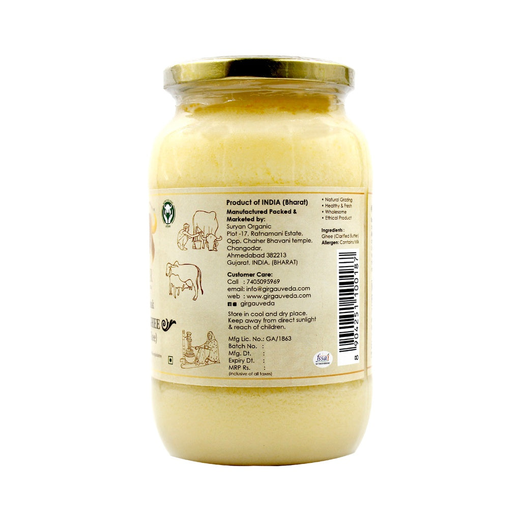 Gir Ahinsak Gau Ghee (A2) Bilona from Gir Gauveda, traditional cow ghee in a glass jar with a golden color and creamy texture.