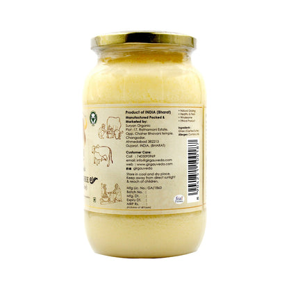 Gir Ahinsak Gau Ghee (A2) Bilona from Gir Gauveda, traditional cow ghee in a glass jar with a golden color and creamy texture.