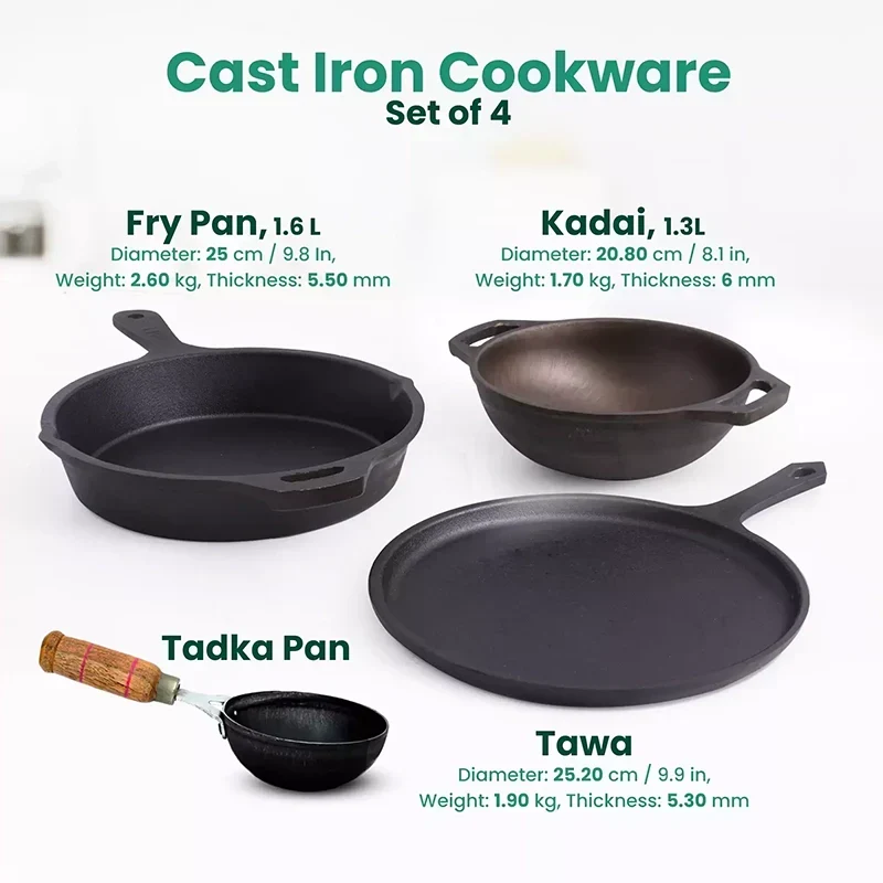 The Indus Valley CASTrong Cast Iron Cookware Set: Tawa + Fry Pan + Wok Kadai, Kitchen set for Home, Pre-seasoned,100% Pure Cast Iron Cookware,Toxin-free Pots and Pans,Tadka Pan