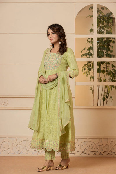 Indyancart VR Women's Lime Green Mirror And Thread Embroidered,Gotta Embellished Scalloped Schiffli Anarkali Kurta Paired Wirh Printed Bottom And Embroidered Dupatta
