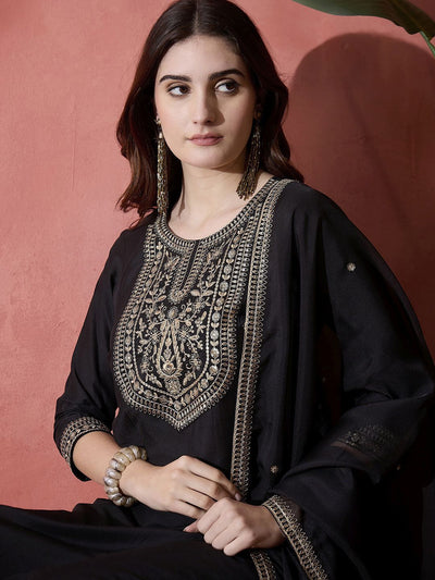 Indyancart SN Women's Floral Embroidered Round Neck A-Line Kurta With Trousers & Dupatta