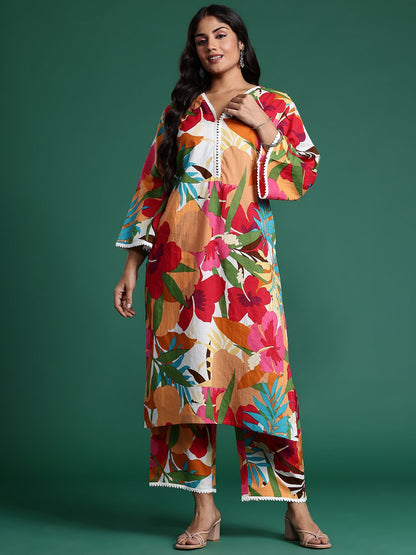 Indyancart IE Plus Size Floral Printed Pure Cotton Kurta with Trousers