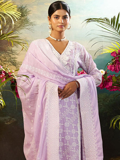 Women Solid Embroidered Cotton Kurta with Trousers & Dupatta