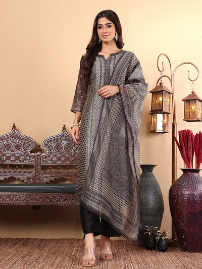 Indyancart VA Women'sEthnic motifs Printed Chanderi Silk Straight Kurta with Trousers & Dupatta