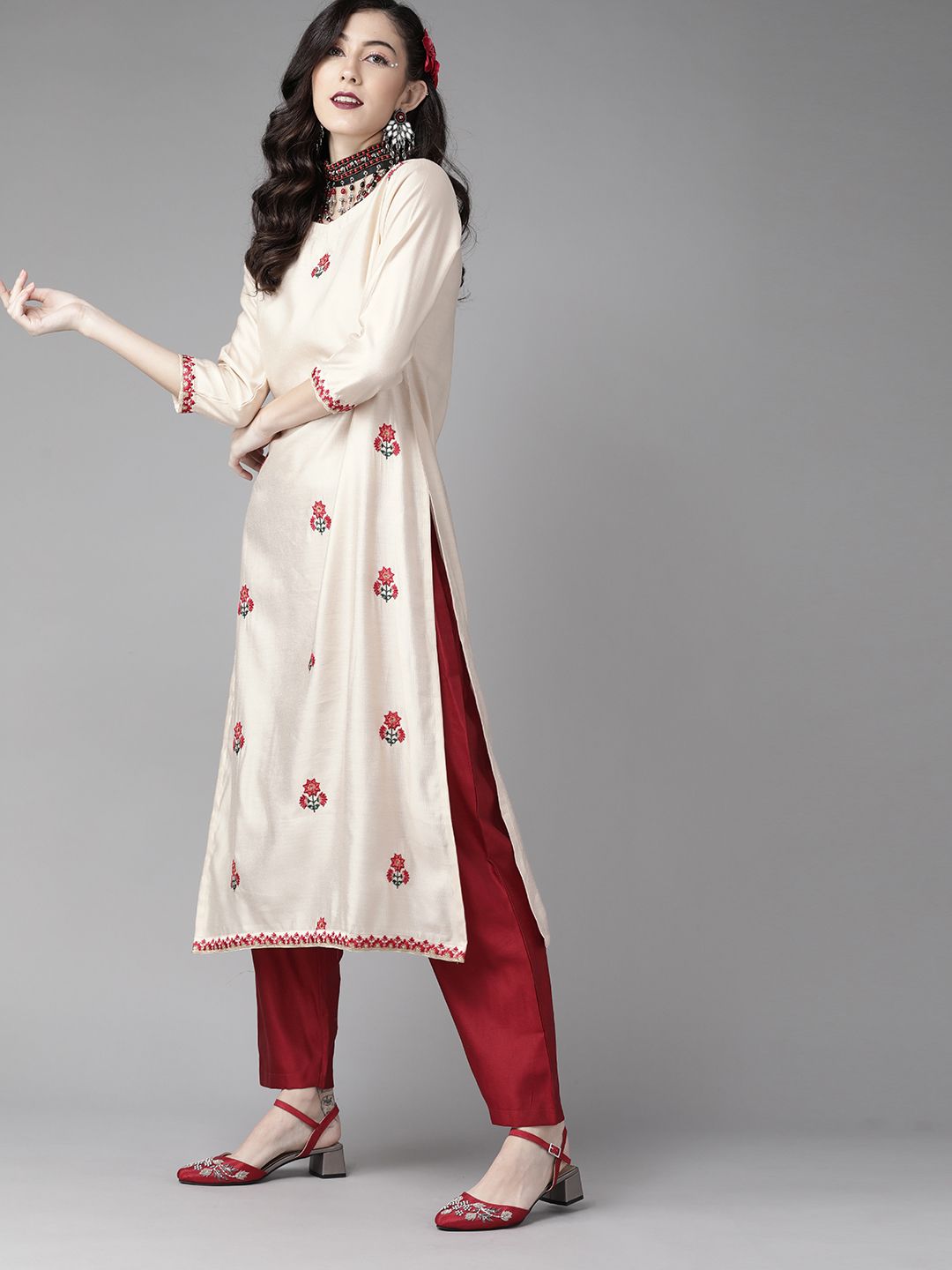 Indyancart IE Women Off White Ethnic Motifs Embroidered Liva Kurta with Palazzos & Dupatta
