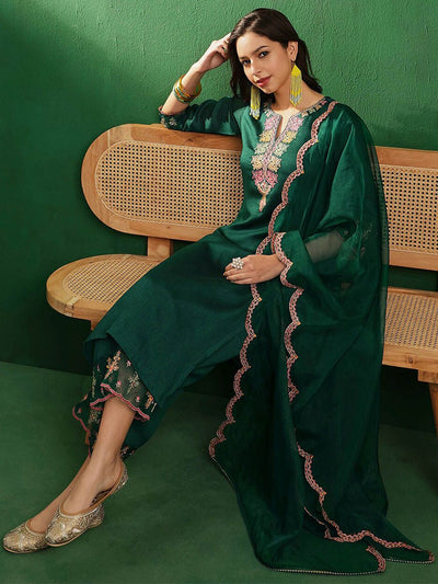 Indyancart SN Women's Teal Green & Pink Embroidered Straight Kurta With Palazzos & Dupatta