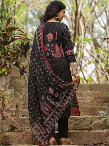 Indyancart IE Women Ethnic Motifs Printed Mirror Work Pure Cotton Kurta With Trousers & Dupatta