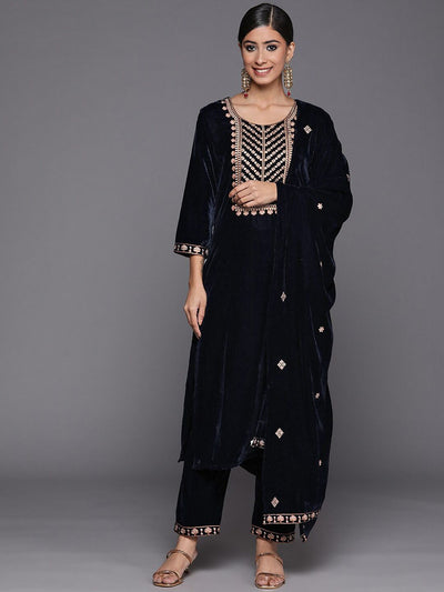 Indyancart VA Women's Winter Velvet Embroidered Kurta with Trousers & With Dupatta