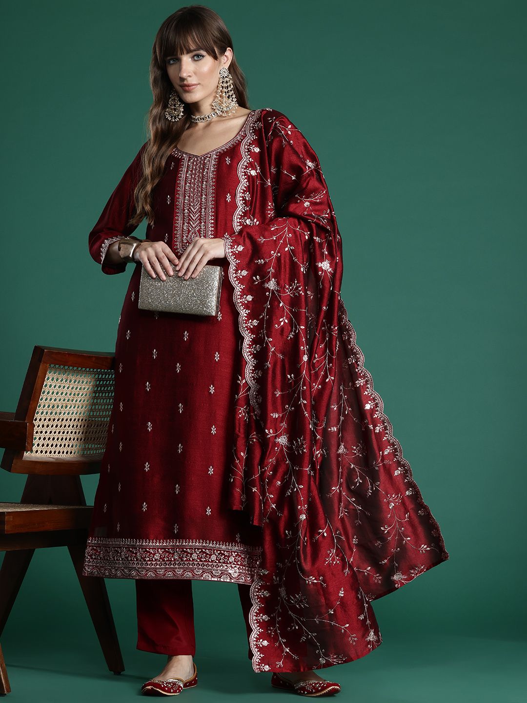 Floral Embroidered Sequinned Kurta with Trousers & With Dupatta