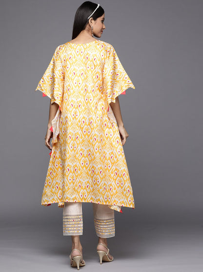 Dhiyona IE Women Yellow Ethnic Motifs Printed Kaftan Kurta with Trousers