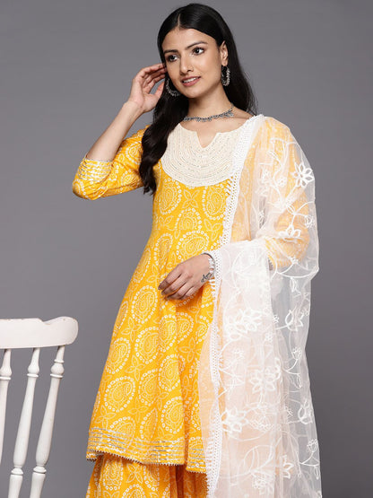 Indyancart VA Women'sBandhani Printed Gotta Patti Pure Cotton Kurta With Sharara & With Dupatta