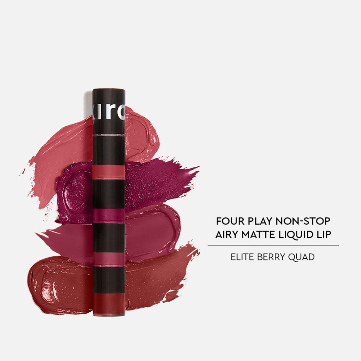 KIRO Four Play Non-Stop Airy Matte Liquid Lipstick in Elite Berry quad, showing four vibrant matte lipstick shades arranged on a white background.