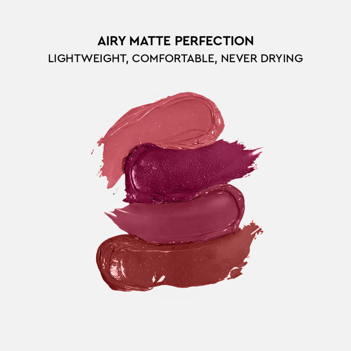 KIRO Four Play Non-Stop Airy Matte Liquid Lipstick in Elite Berry quad with four vibrant, lightweight matte lip shades displayed.