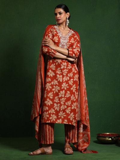 Indyancart VA Women'sFloral Printed V-Neck Thread Work Kurta With Trousers & Dupatta