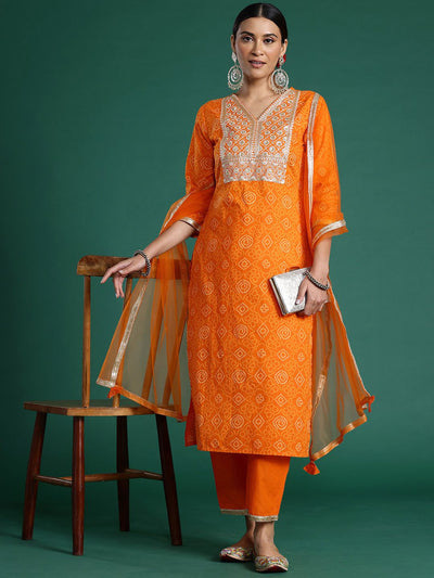 Indyancart IE Bandhani Printed Sequinned Pure Cotton Kurta With Trousers & Dupatta