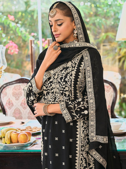 Floral Embroidered Round Neck Mirror Work Straight Kurta With Palazzos & Dupatta