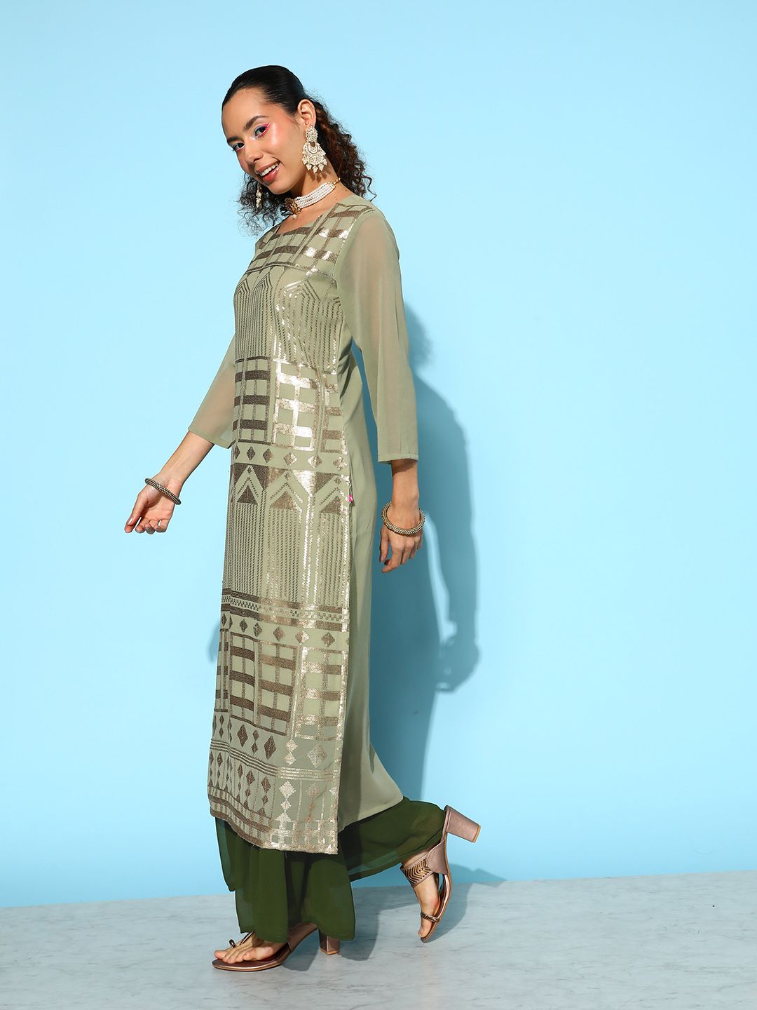 Indyancart VA Women's Green Embroidered Sequinned Kurta With Sharara & Dupatta