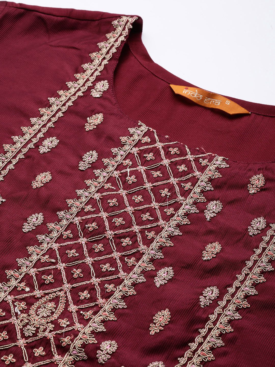 Indyancart IE Women Magenta Ethnic Motifs Embroidered Kurta with Trousers & With Dupatta